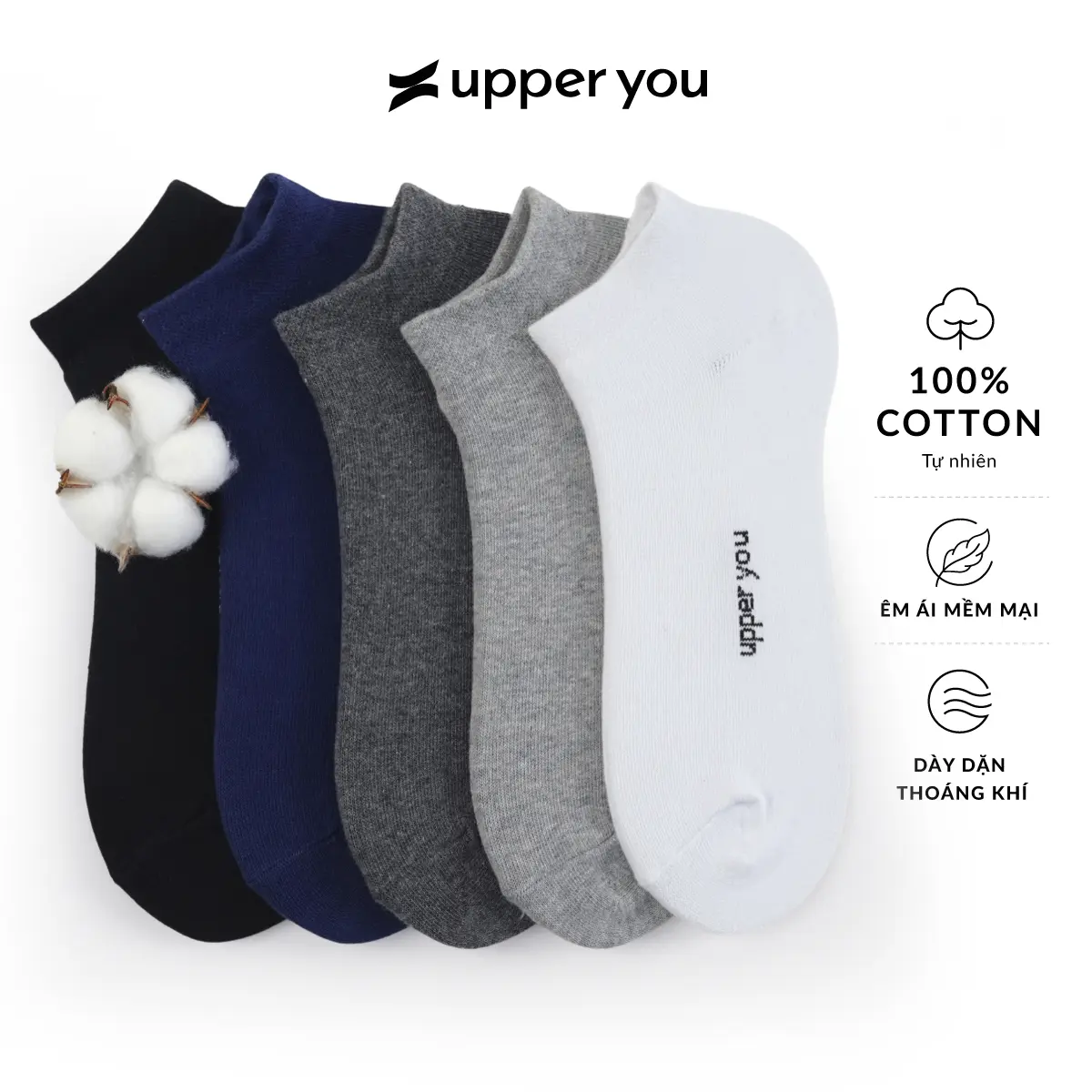 Tất Vớ Nam Cổ Ngắn UPPER YOU Cotton Tự Nhiên Êm Ái Dày Dặn Thoáng Khí Khử Mùi - BSM2001