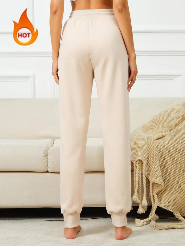 Women's Solid Drawstring Waist Thermal Lined Sweatpants, Casual Elastic Waist Pocket Jogger Pants for Fall & Winter, Women's Trousers for Daily Wear 8