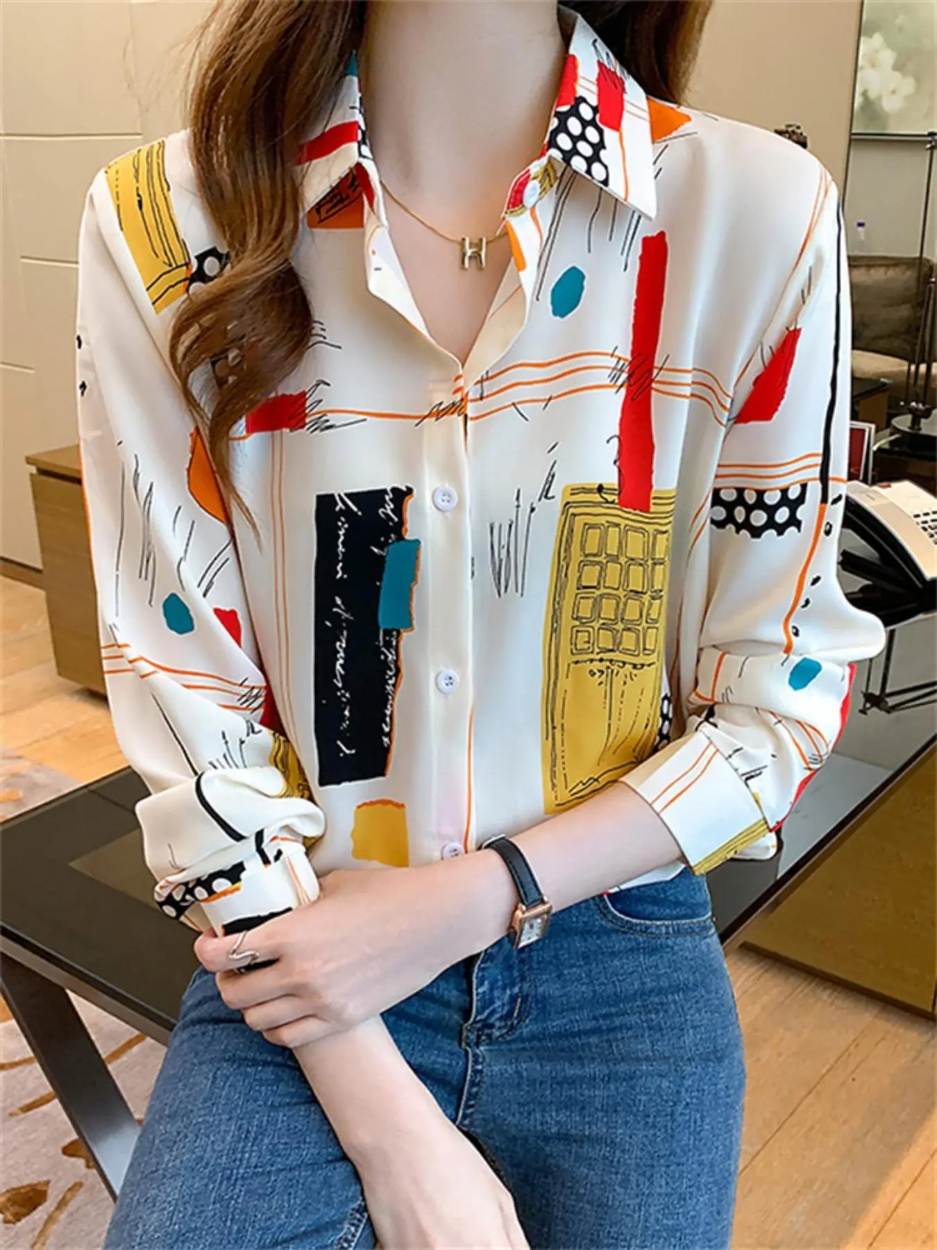 Women's All Over Print Button Front Blouse, Casual Long Sleeve Top for Spring & Fall, Women's Clothes
