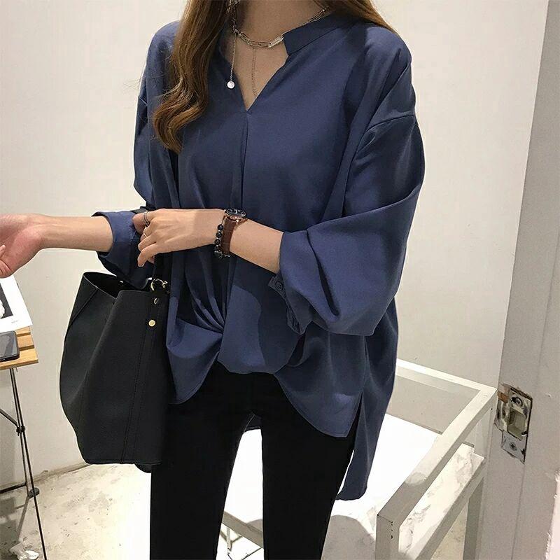 M-4XL Korean Style Plus Size v-neck shirt for Women casual Long Sleeve loose blouse top Clothing Baggy 2