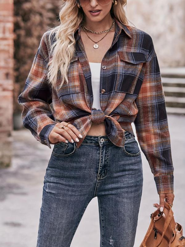 Women's Plus Size Plaid Print Flap Pocket Button Front Blouse, Casual Drop Shoulder Long Sleeve Shirt, Gift Set, Women Plus Clothing for Spring & Fall Daily Wear 3