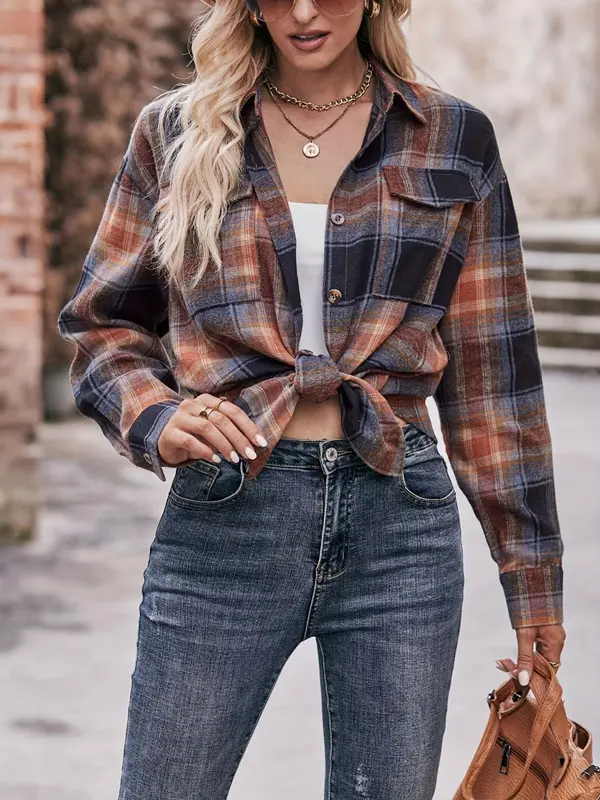 Women's Plus Size Plaid Print Flap Pocket Button Front Blouse, Casual Drop Shoulder Long Sleeve Shirt, Gift Set, Women Plus Clothing for Spring & Fall Daily Wear 2