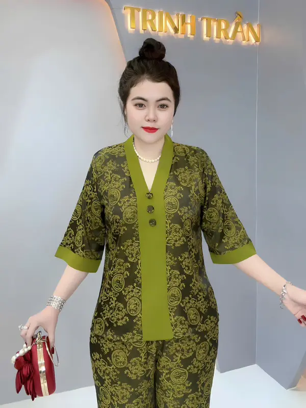 Bộ BÀI LAI GẤM NÚT BỌC tay lỡ quần dài, bộ gồm 2 món áo và quần. 5