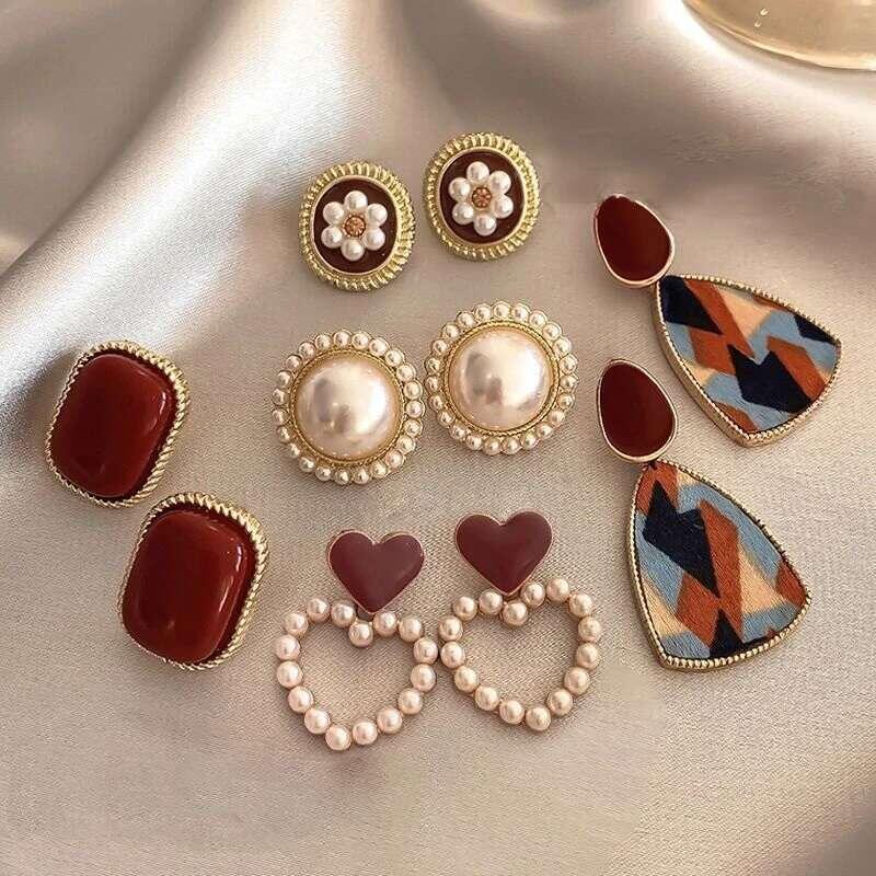 Vintage Dripping Oil Wine Red Retro Stud Earrings For Women Korean Pearl wer Heart Shape Geometric Earring High Sense Jewel 0