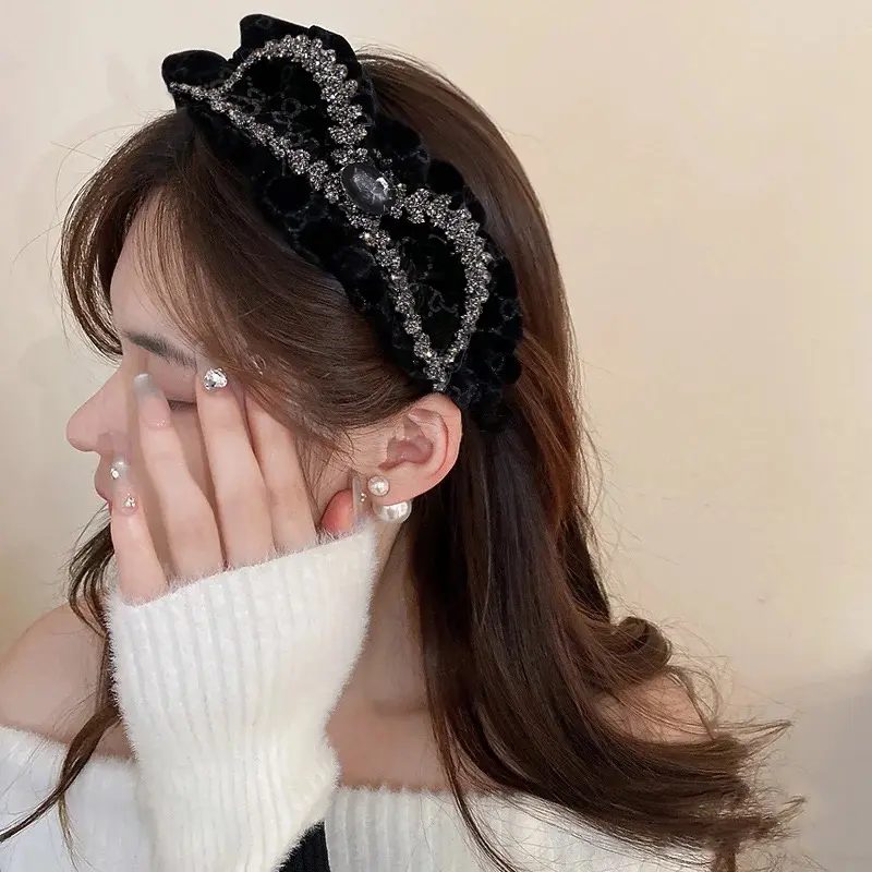 Băng Đô Satin Màu Đen Xếp Nhún Thanh Lịch, Vòng Cài Tóc Rộng Công Chúa, 1 Cái 2