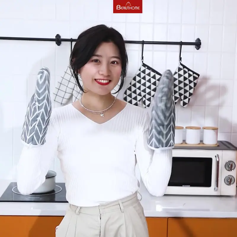 Găng tay chống nhiệt Găng tay nhà bếp làm bánh chống nóng chất Vải Thô Trần Bông 2 Lớp bền đẹp 6