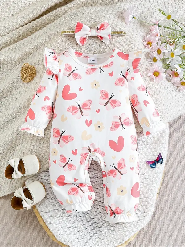 Baby's Long Sleeve Bodysuit & Hairband, Cute Casual Bodysuit & Hairband for Infant Toddler Kids, Newborn Baby Girls Clothes for All Seasons 0
