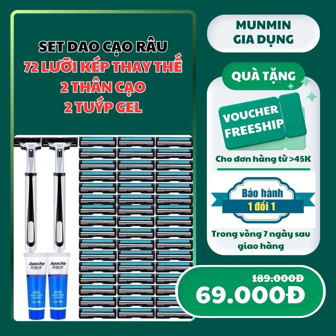 [TẶNG 72 LƯỠI CẠO] SET DAO CẠO RÂU 72 LƯỠI THAY THẾ, 2 THÂN CẠO VÀ 2 TUÝP KEM MỀM RÂU