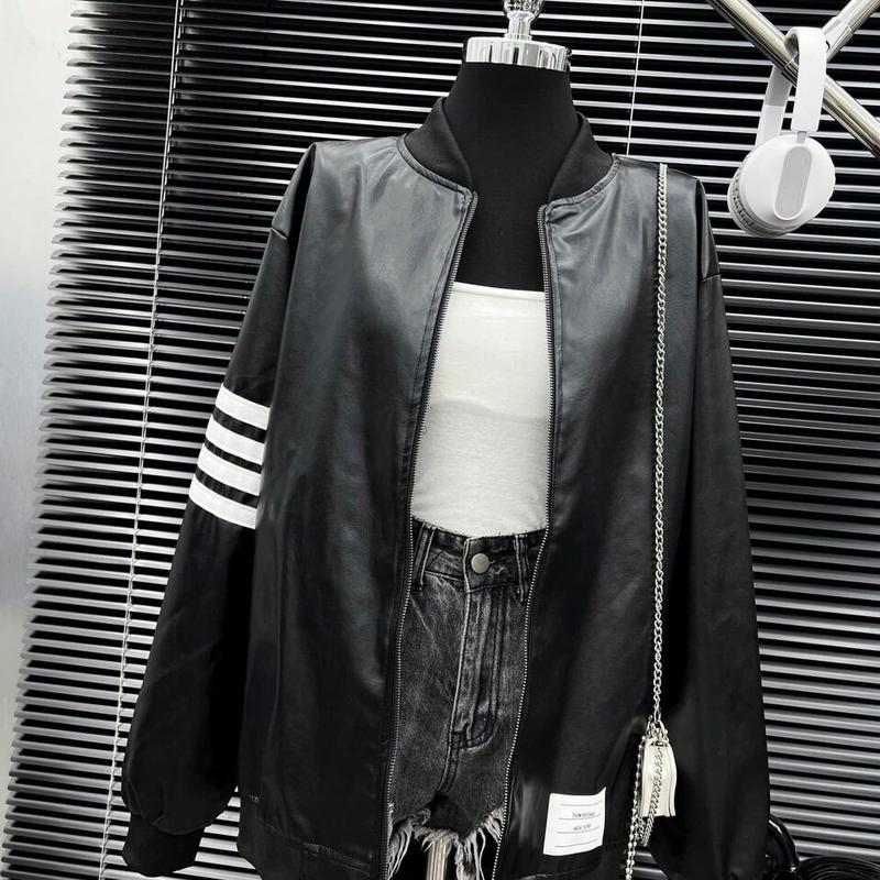 Bản áo khoác bomber Da 4 vạch thêu trắng siêu cấp Jacket Đen Nam Nữ Top Women 6