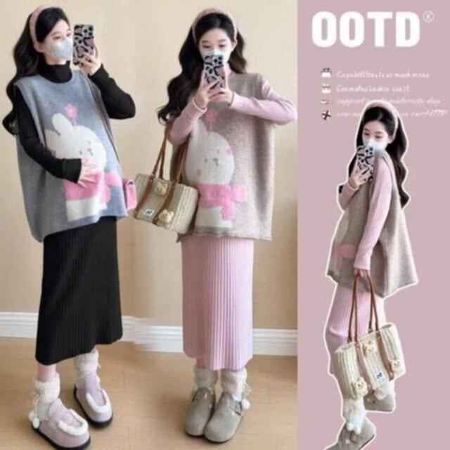 Set váy bầu chất len gồm 1 áo gile nỉ tàu+ 1 váy len dáng suông- Đầm bầu dài tay free size