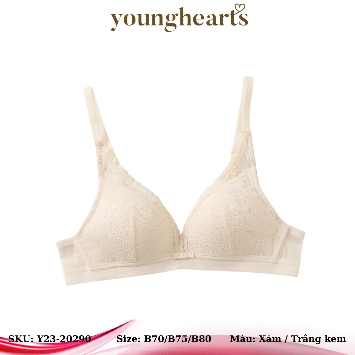 Áo lót nữ Y23-20290 nhãn hiệu Young Hearts không gọng, cúp xéo 3/4, ren