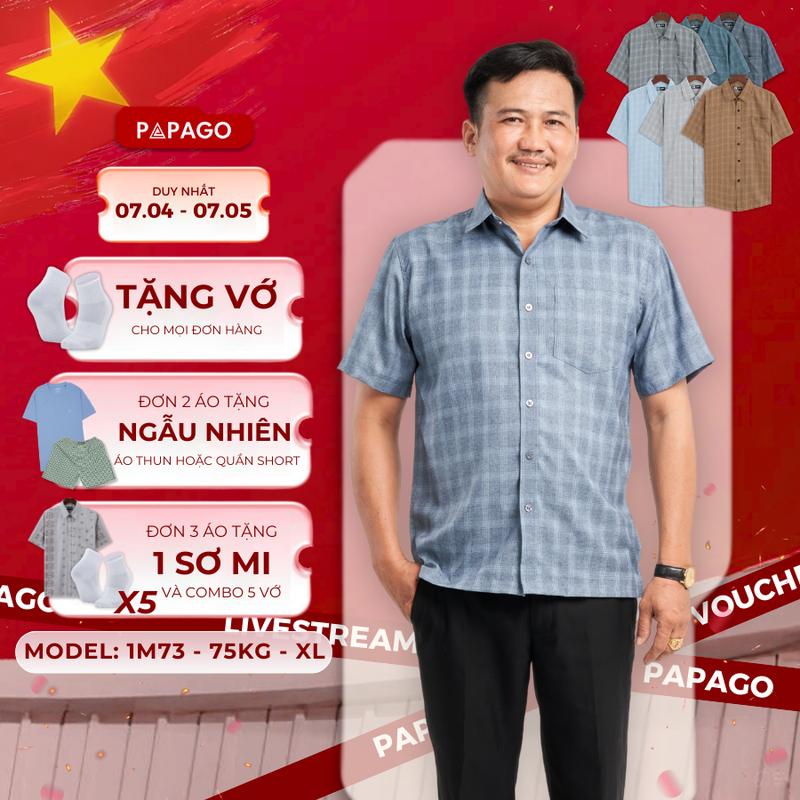 Áo sơ mi nam trung niên PAPAGO tay ngắn lai ngang sọc caro vải xô đũi - P23SNCR002