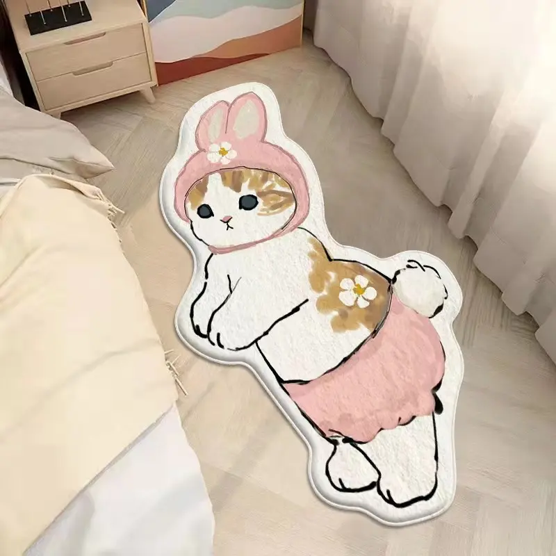 Cute Cartoon Cat Mat Anti-Slip Carpet Fluffy Irregular Floor Mat Furry Area Carpet Water Absorbent Funny Door Mat Home Decor