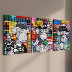 Wooden Framed Canvas Painting, 3 Counts Funny Monkey Pattern Wall Art, Modern Art Wall Decor, Home Decoration Poster for Living Room Bedroom Office