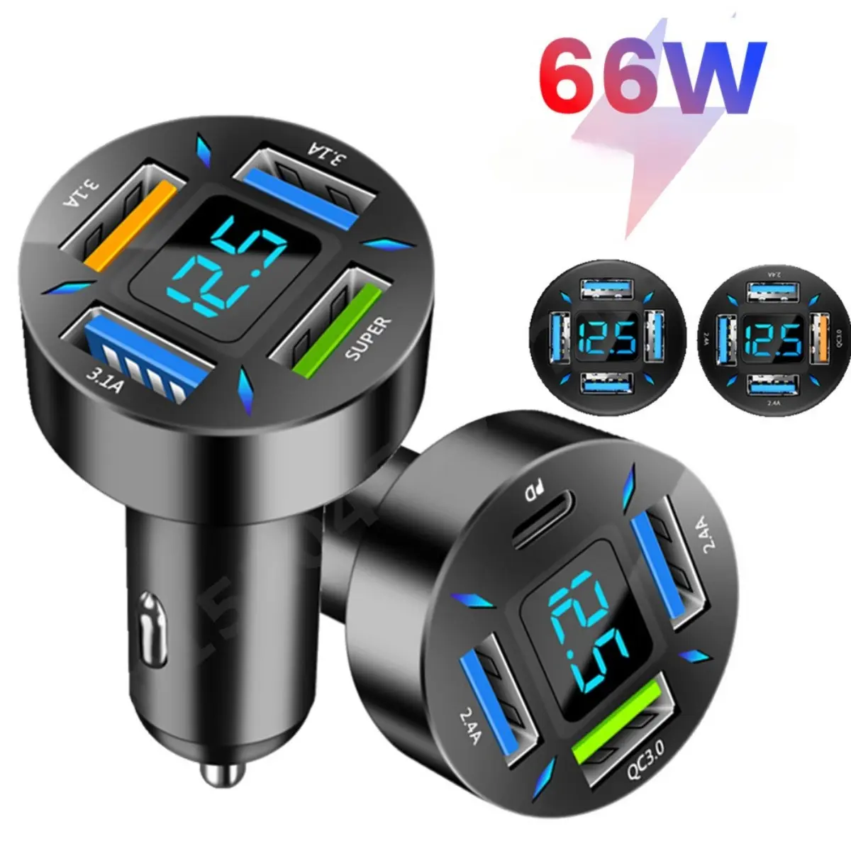 Portable 66W QC3.0+PD 20W Car Charger 4 USB Port Plug Smart   Charging with Voltmeter Adapter With Digital Display