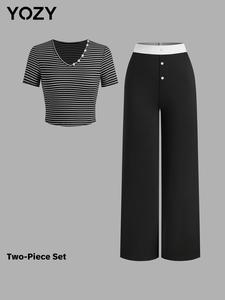 YOZY Women's Striped Print Button V Neck Tee & Colorblock Pants Two-Piece Set, Casual Short Sleeve Top & Pants for Daily Wear, Ladies Two-piece Outfits for All Seasons