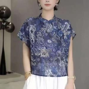 New Chinese Style Mandarin Collar Shirt Women Short Sleeve Summer Trend Floral Retro Tops