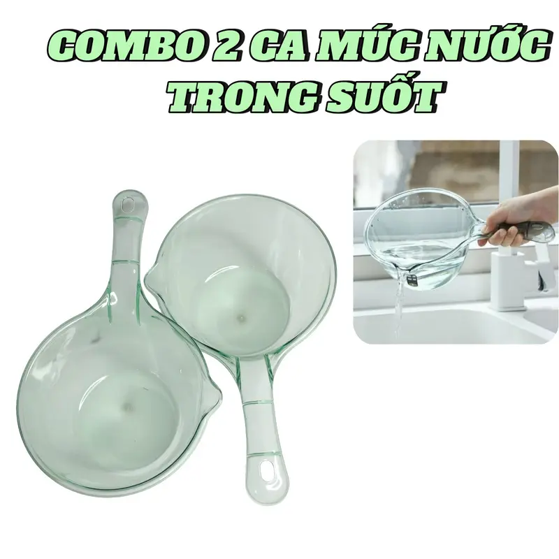 Combo 2 Ca Múc Nước Trong Suốt, Gáo Múc Nước Trong Suốt, Ca Múc Nước Nhà Tắm Nhựa PP Cao Cấp Có Quai Treo 0