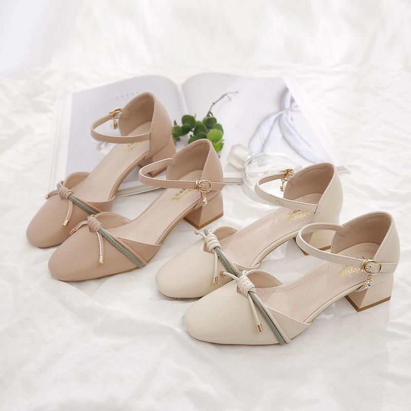 Toe Box Shoes Women's High Heels Mid Heel Summer Chunky Heel Square Toe Hollowed Sandals Buckle All-Match Shallow Mouth Low Heel Shoes 4