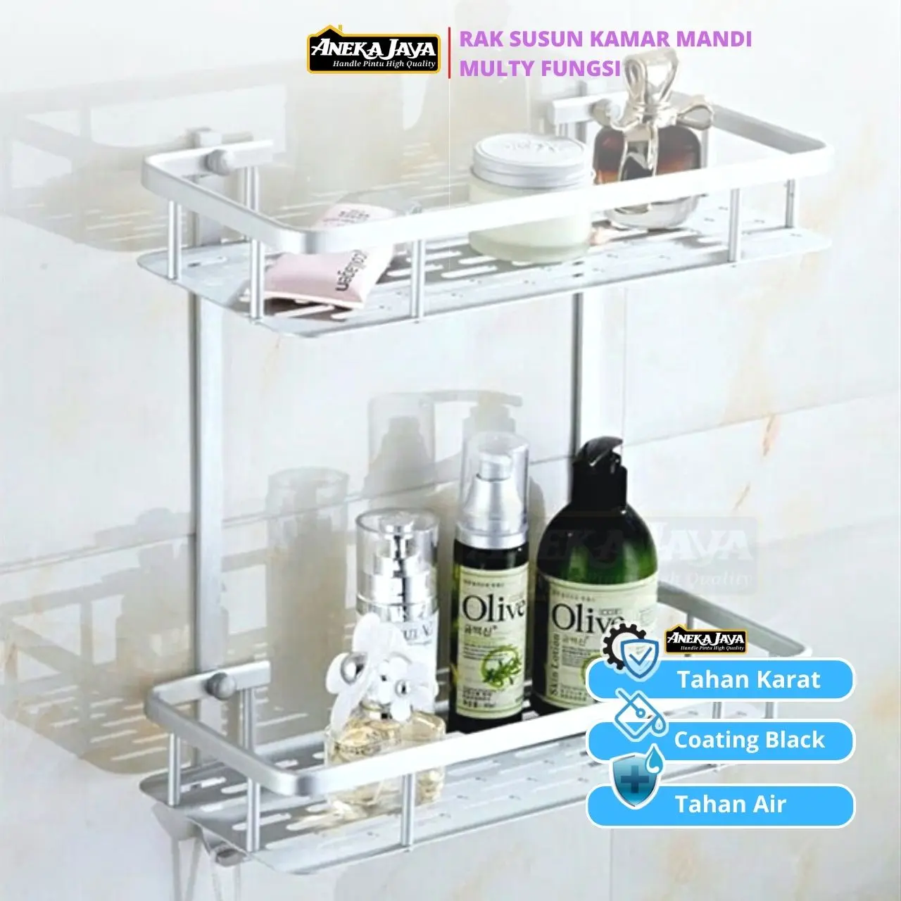 Rak Dinding Kamar Mandi 2 Tingkat Multifungsi Serbaguna - Warna Silver Dan Hitam Aluminium