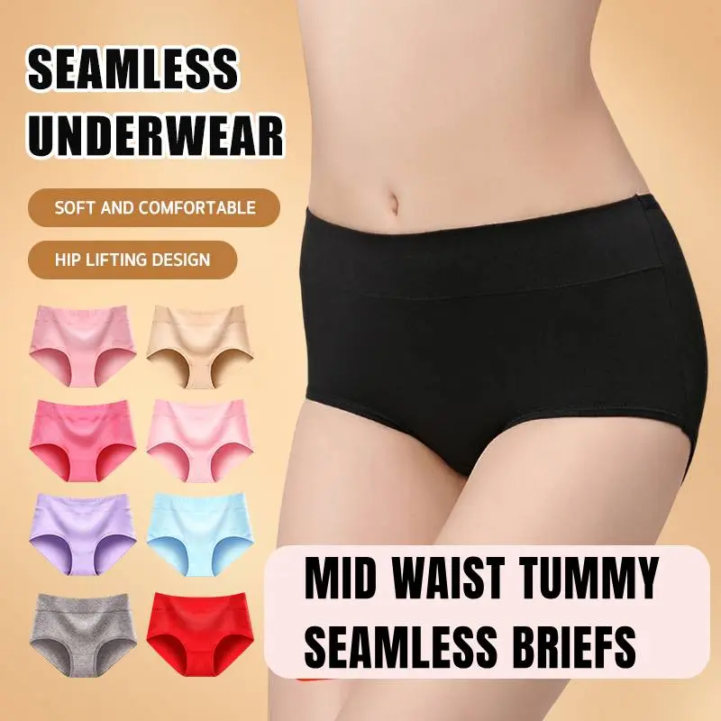 Seamless Cotton Panty For Women Underwear Summer Thin Belt Briefs Sexy Solid Color Soft Mid Waist Tummy Control Elastic Panty For Women Local Shipping