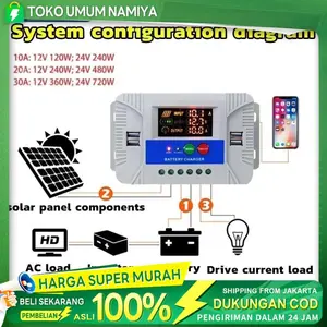 MPPT100A SCC PWM untuk baterai lithium Controller Panel Surya 12V 24V 30A Solar charger controler/30A Solar Charge Controller/Pengontrol Surya 30A Layar LED Adaptif 12/24V dengan Tampilan Arus Pengisian / Pengosongan