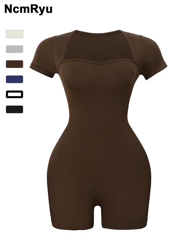 Women's Basic Square Neck Sports  Romper, Pickleball & Tennis Clothes, Lady Sporty Back To School Short Sleeve Ribbed Romper, Ladies   Minimalistic Clothes for Indoor Outdoor Wear, Womenswear 7