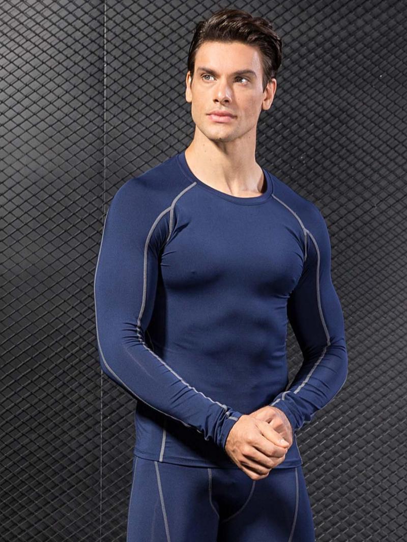 Product Introduction of Men's Solid Round Neck Long Sleeve Sports Tee, Quick Drying Breathable Compression T-shirt, Men's Sportswear Fitness  for Gym Workout Running 9
