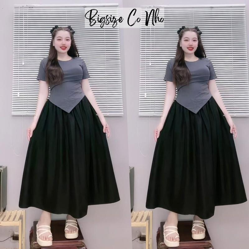 Set đồ bigsize nữ áo thun tay ngắn cổ tròn phối chân váy dài chữ A dáng xuông phong cách Hàn Quốc- SET77