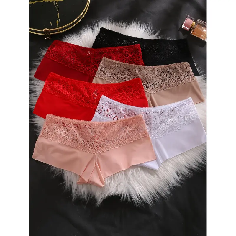 6 Pieces Lace Stitched Boy Shorts, Soft and Comfortable Stretch Panties, Women's Underwear and Underwear 7