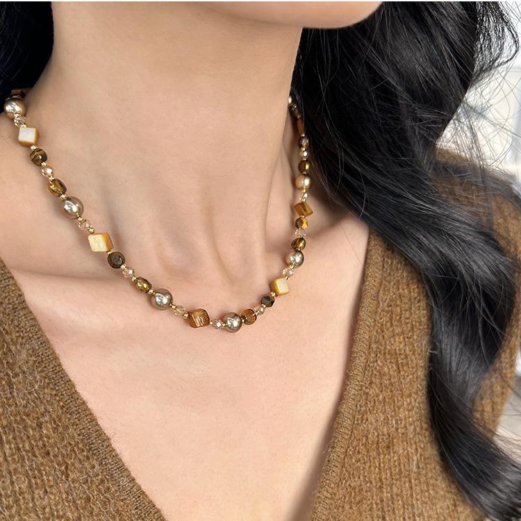 gelang baliGelang Bali Fashionable Autumn and Winter Maillard Tigereye Dicksoniaceae Irregular Beaded Necklace Temperament Entry Lux Simple Sweater Chain Necklace Setnecklace set 2