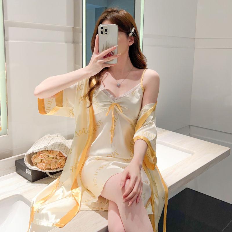 Đồ Ngủ Gợi Cảm, Dành Cho Phụ Nữ, Váy Ngủ Hai Dây Lụa Lạnh Mùa Hè, Váy Ngủ Hai Mảnh, Bộ Đồ Mỏng ngắn Tay Cao Cấp Ins, Hàng Mới Về, 2024 2