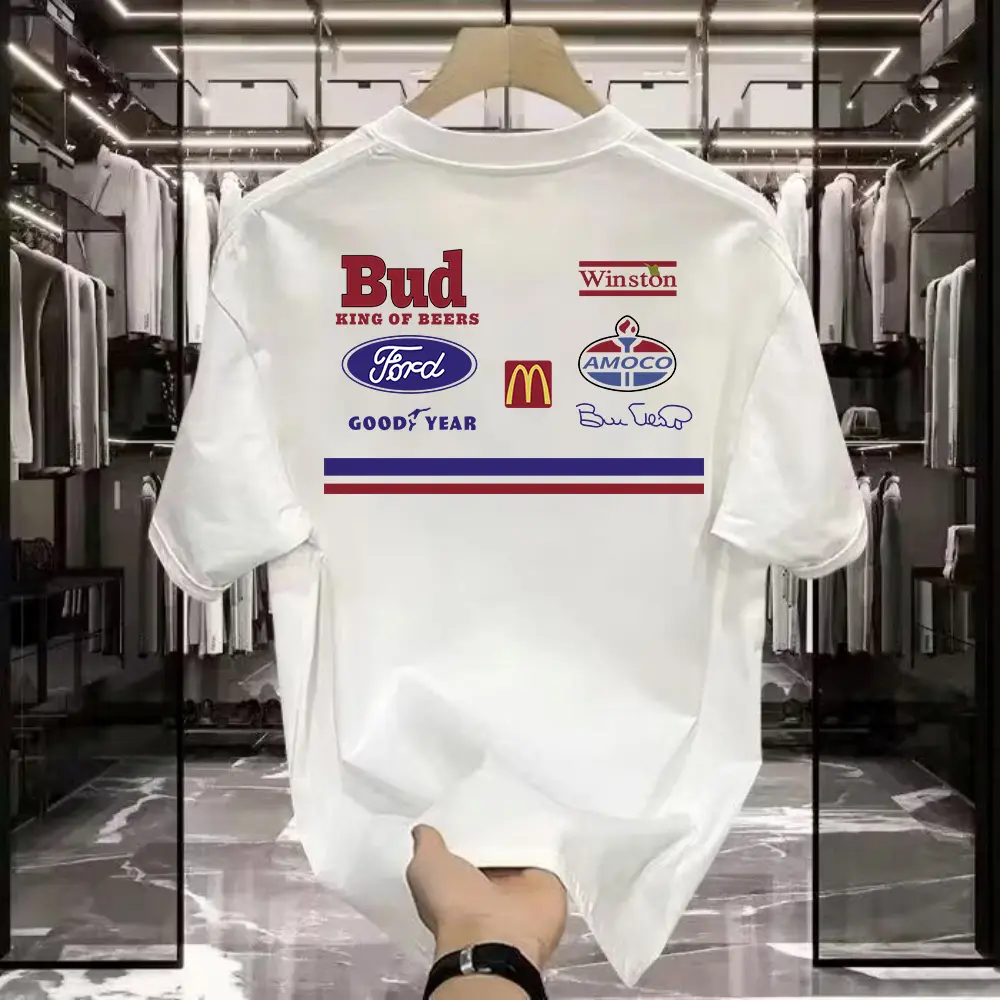 Desain cetak monogram asli, kaos lengan pendek longgar sederhana untuk pria