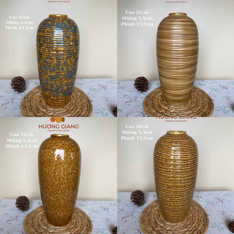 Lọ hoa decor gốm sứ Bát Tràng, bình hoa gốm cắm hoa để bàn dáng bom miệng nhỏ cao 31cm,  Decor Phòng - Gốm sứ Hương Giang