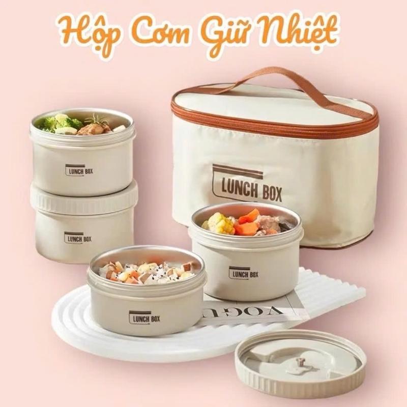 Hộp Cơm Giữ Nhiệt Lunch Box 4 Tầng Inox, Hộp Đựng Cơm Văn Phòng Tặng Kèm Túi Giữ Nhiệt Và Đũa Thìa Dùng Cho Lò Vi Sóng