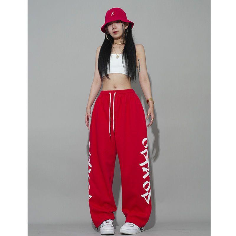 Quần Thể Thao Hip Hop, Màu Đỏ, Dây Rút Phong Cách Mới, Dáng Rộng Vừa Vặn, Thích Hợp Để Khiêu Vũ Và Thể Thao, Quần Nỉ Thường Ngày Thiết Kế Tuyệt Vời, Phong Cách Hip Hop 3