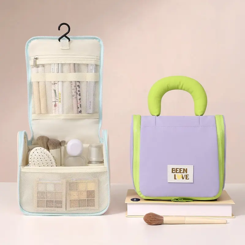 Tas kosmetik lipat gantung, tas perlengkapan mandi portabel multi-lapis penyimpanan jala