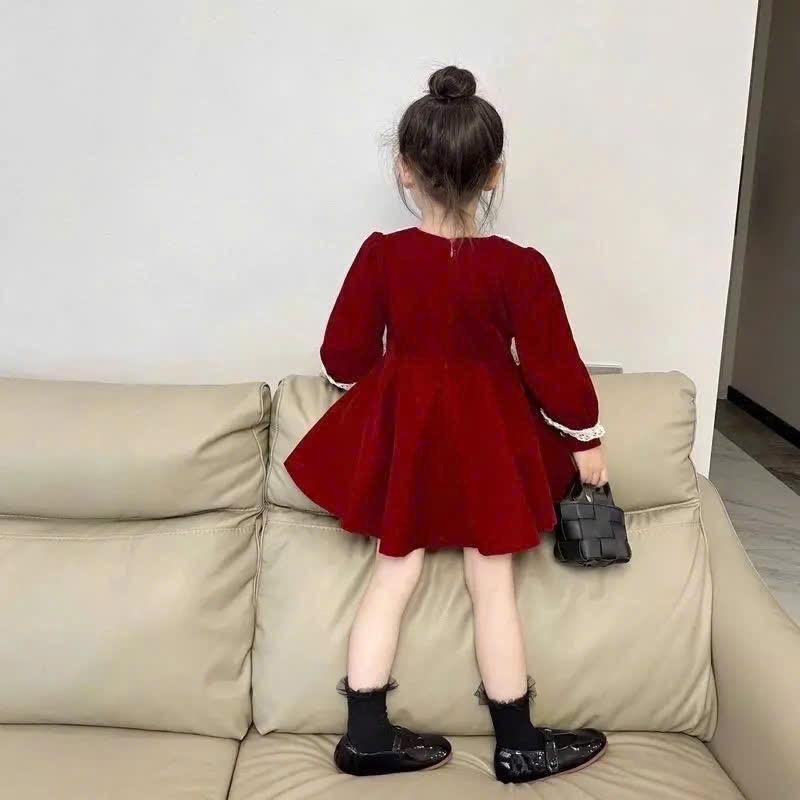 ￼Bộ thu đông bé gái,váy nhung 2 tầng cổ nơ phong cách tiểu thư cho bé diện noel, tết 2025 cho bé 10 - 20kg Moon Jonhny 1