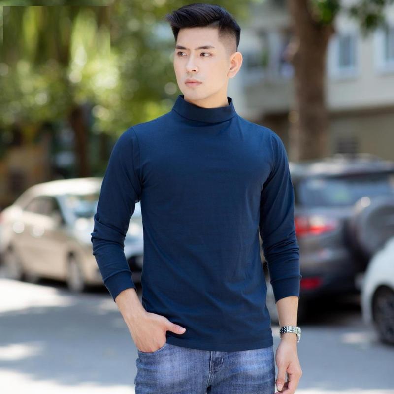 Áo Giữ Nhiệt Màu Xanh Than,Áo Thun Nam Cotton Lót Nỉ Dài Tay Cổ Cao 3Cm Giữ Ấm Cơ Thể Menswear Quần Lót Cổ Tròn