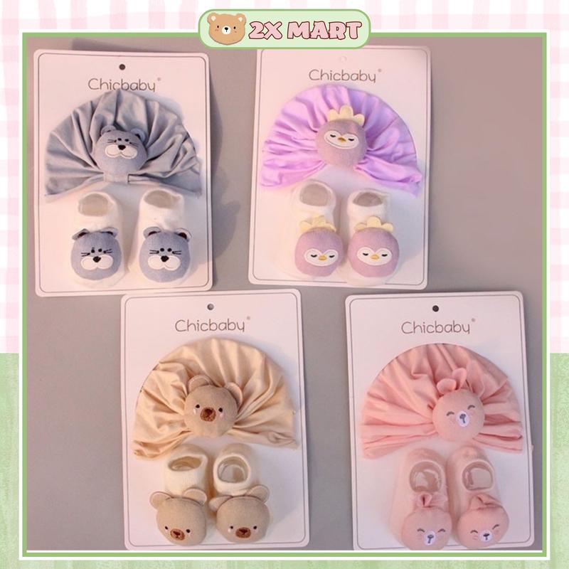 Mũ turban cho bé gái kèm tất sơ sinh băng đô tuban họa tiết hoạt hình set tu ban có vớ dễ thương