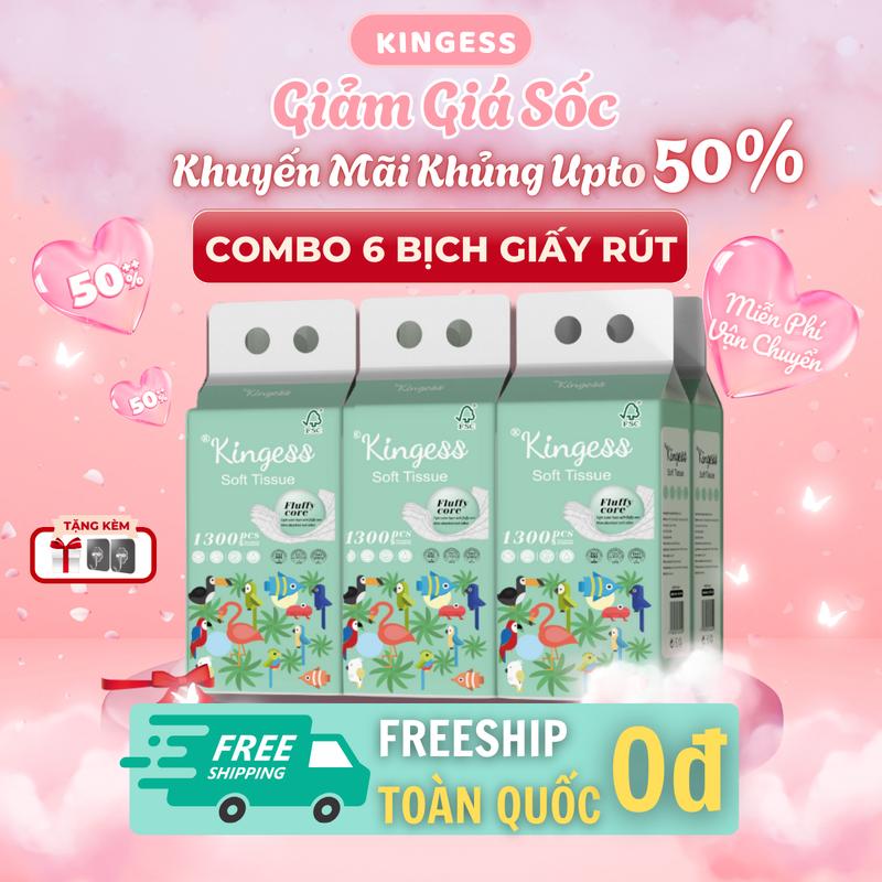 Combo 6 Túi  Rút Cao Cấp Treo Tường Kingess Động Vật Xanh 5 Lớp- 1300 Tờ/ 1 Túi Giấy Vệ Sinh