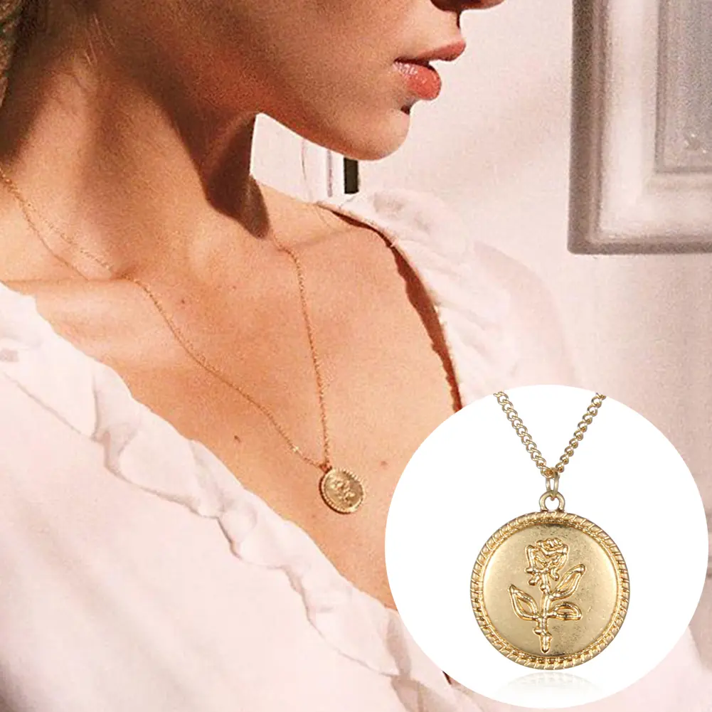 Vintage Round Pendant Rose Pattern Thin Chain Women Jewelry Charm Necklace Gift