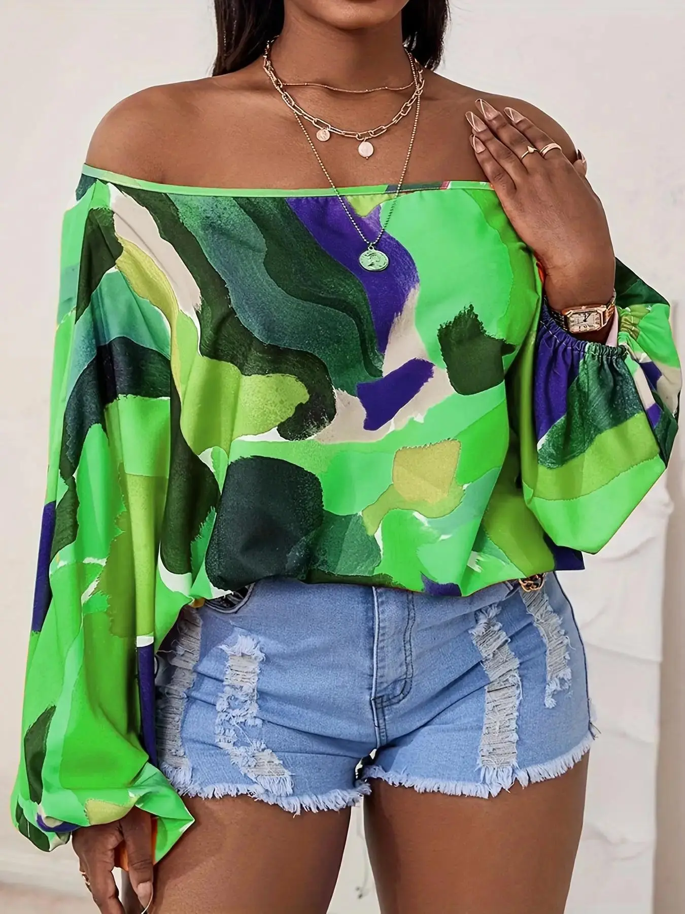 Women's All Over Print Off Shoulder Blouse, Casual Bishop Sleeve Top for Summer, Women's Clothing for Daily Wear