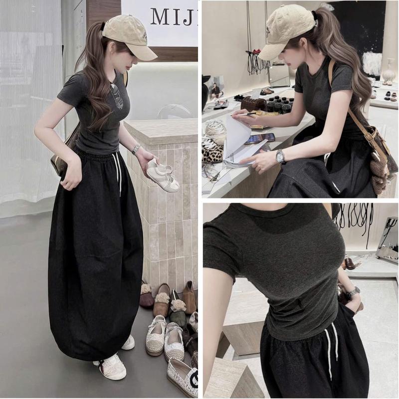 Set Áo Body Ôm Mix Chân Váy Bò Dài Dáng Phồng Cá Tính, Tôn Dáng Cho Nữ 18-34 Tuổi, Phong Cách Hàn Quốc Dễ Thương - By BN TRENDY