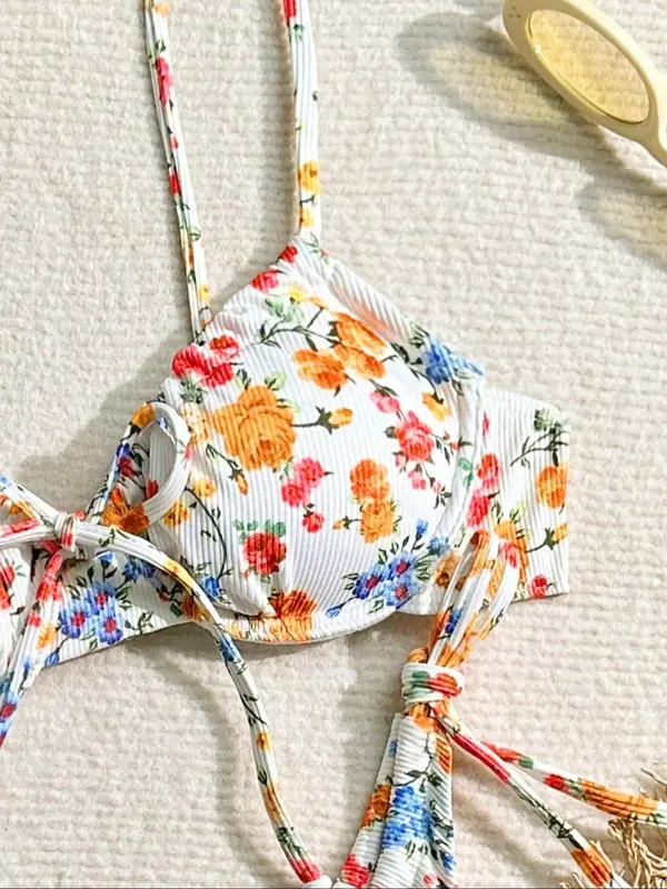Women's Floral Print Ribbed Bikini Set, High Stretch Casual Fashion Spaghetti Strap Tie Front Backless Swim Top & Tie Side Swim Bottom Two-piece Swimsuit for Beach Holiday Vacation, Bikini Top Trunks 3