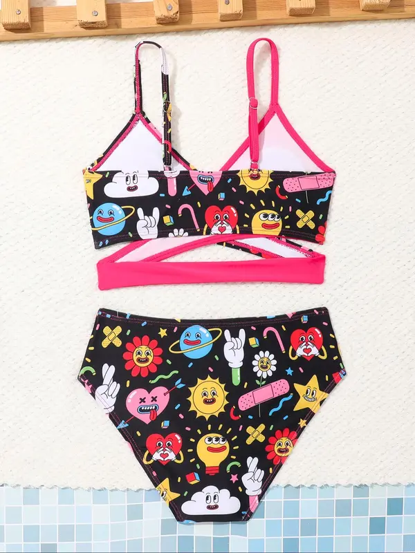 Two-piece Set Girl's Cartoon Print Criss Cross Bikini Set, Casual Adjustable Strap Cut Out Swim Top & Swim Bottom, Two-piece Set for Beach Holiday Vacation 1