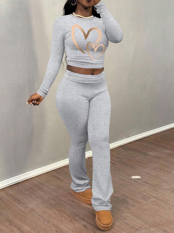 Women's Heart Print Long Sleeve Crop Tee & Flare Leg Pants Two-piece Set, Casual Fashion Round Neck Top & Bell Bottom Trousers for Daily Outdoor Wear, Women's Clothing for Fall & Winter 7