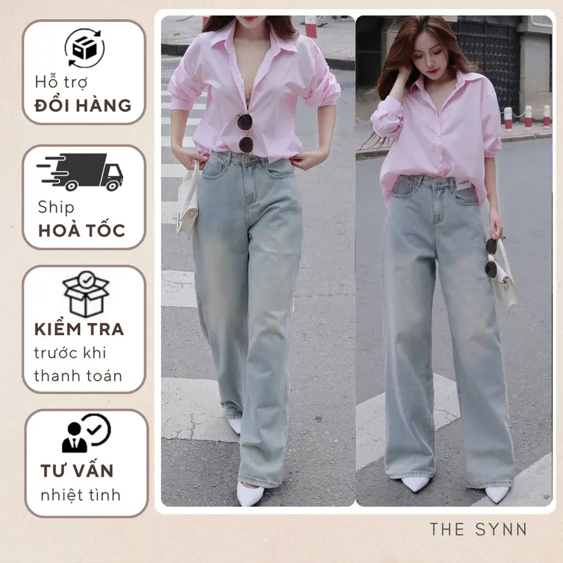 QJ45 - Quần Jeans Ống Suông Form Rộng Wash Loang Màu Bạc Phối Tag Lưng Cao Ống Rộng Tôn Dáng Form Unisex Ong Nữ 0