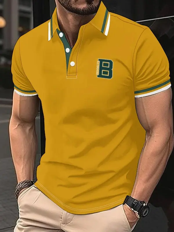 Men's Regular Fit Letter Print Stripe Trim  Polo Shirt, Casual Short Sleeve Half Zip Up Collar Top for Summer, Fashion Men's Clothes for Daily Wear, Tropical 4
