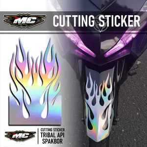 Mc Cutting Sticker - Stiker Api Spakbor Depan Motor Sticker Tribal Api Motor Vinyl Hologram Gold Hitam Putih Merah Silver